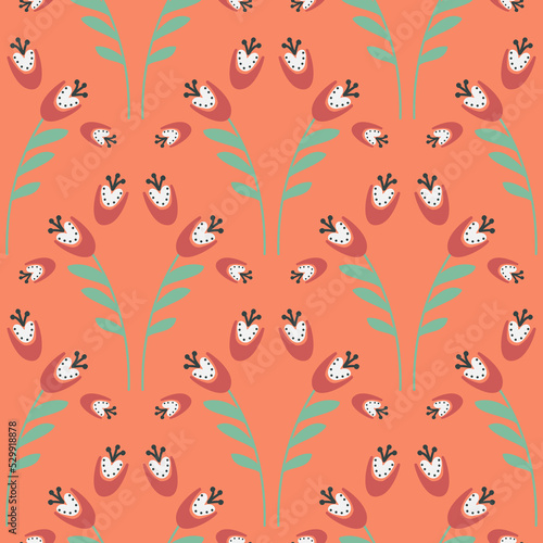 Bell flower pattern on rich orange background seamless pattern for design, sprig campanula flower blossom