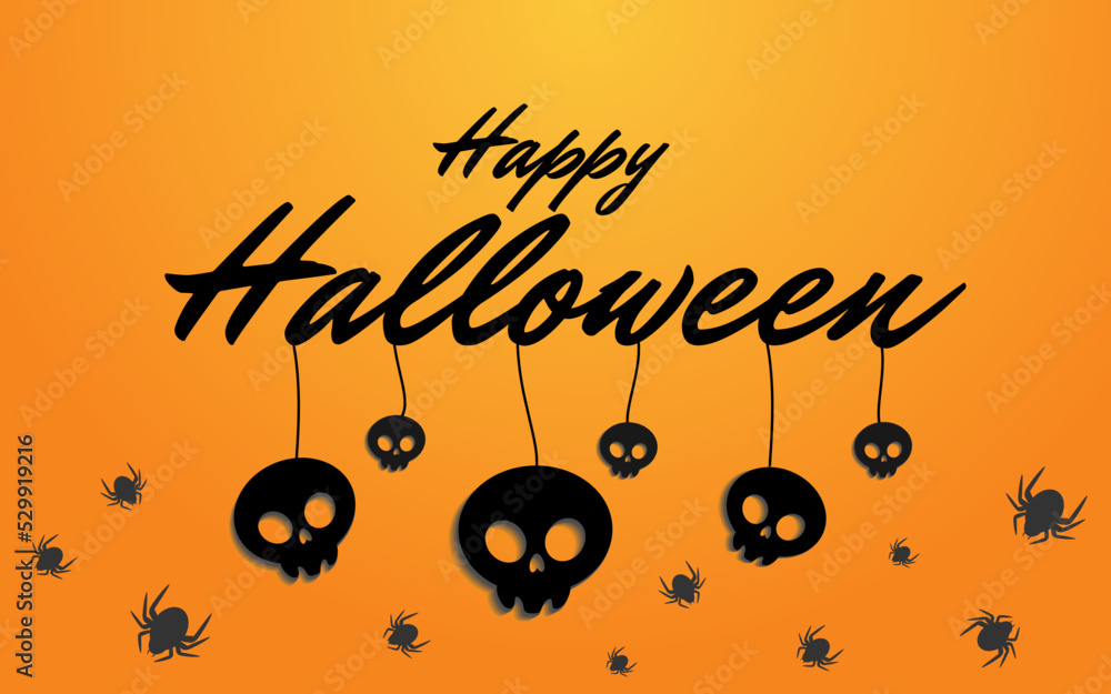 Fototapeta premium Happy Halloween Orange Background with black Skulls and Spiders.