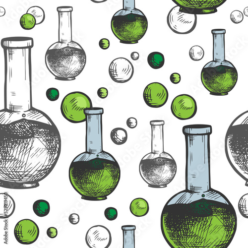 Vector seamless pattern with many medicine, potion flasks, big bubbles. Hand drawn decorative art illustration. Bulb with green liquid. Composition with rough ink shading. Bright graphic concept. Lab.