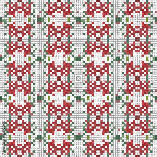 Seamless Christmas poinsettia cross stitch pattern. Decorative ornament in seasonal red for embroidered December holiday background. Winter botanical vintage scandi repeat tile. 