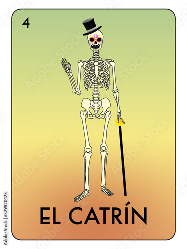 Card of the Mexican lottery commemorative of the day of the dead, with a Catrín. Mexican celebration that celebrates and commemorates deceased people or loved ones