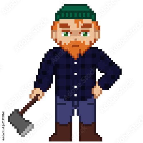 An 8-bit retro-styled pixel-art illustration of a lumberjack wearing a blue flannel and holding an iron axe.