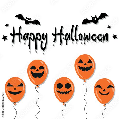 Halloween greeting banner. Air orange balloons with spooky faces, bats and Happy Halloween melting lettering on white background. Design for website, poster, greeting card, party invitation. Vector