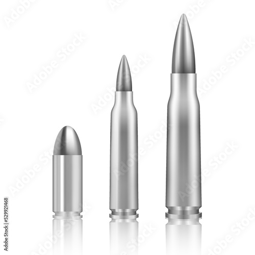 Silver metal bullet set isolated on white background - different types.