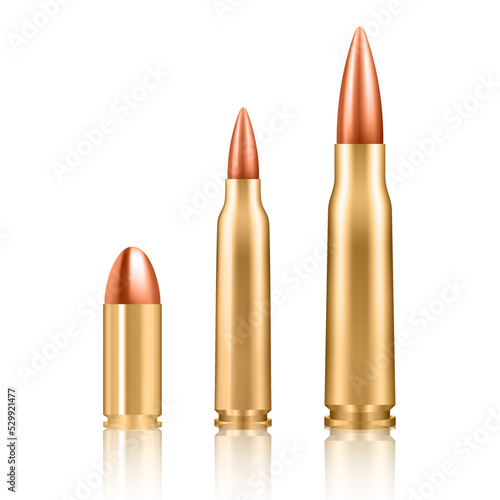 Gold metal bullet set isolated on white background - different types.
