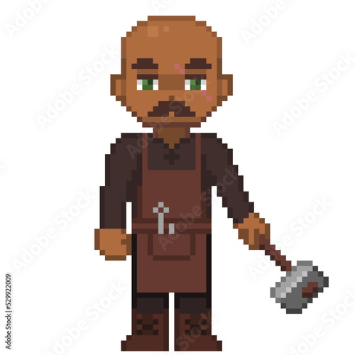 An 8-bit retro-styled pixel-art illustration of an african-american male blacksmith holding an iron hammer.