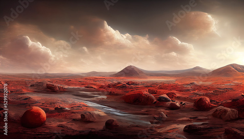 Landscape on the planet Mars  surface is a picturesque desert on red planet. Background of space game  cover  poster with red earth  mountains  stars  3d artwork