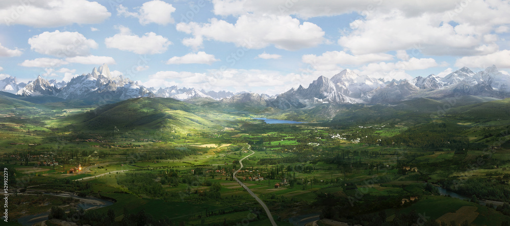 Fototapeta premium Digital composite illustration of a cinematic fantasy landscape with valleys, rivers and mountains. 