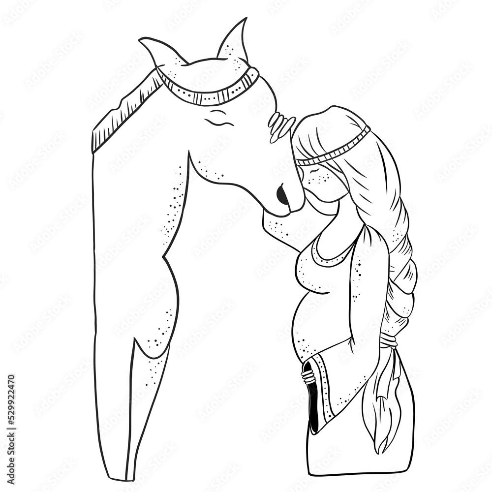 Illustration of a pregnant woman with a horse, black and white image, line art Illustration of a pregnant woman with a horse, black and white image, line art
