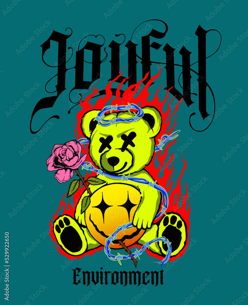 teddy bear with happy emoji icon and rose and barbed wire hand drawn