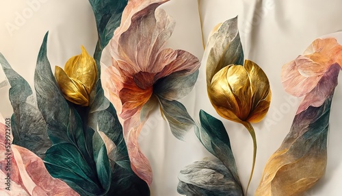 Textured abstract watercolor flowers with a golden sheen. An elegant flower card or banner template with space for text. 3D illustration