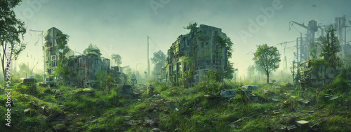 post-apocalyptic city, dystopic overgrown buildings, banner format, digital painting
