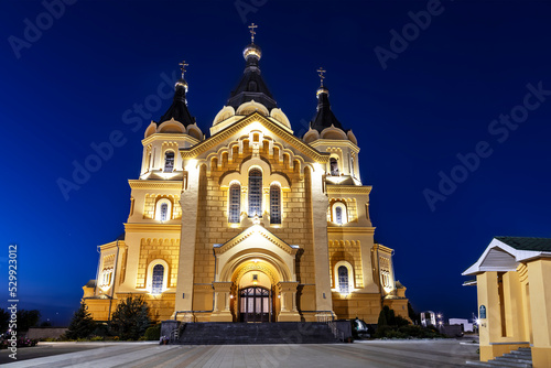 View on Alexander Nevsky Novoyarmarochny Cathedral in Nizhny Novgorod at night. Russia