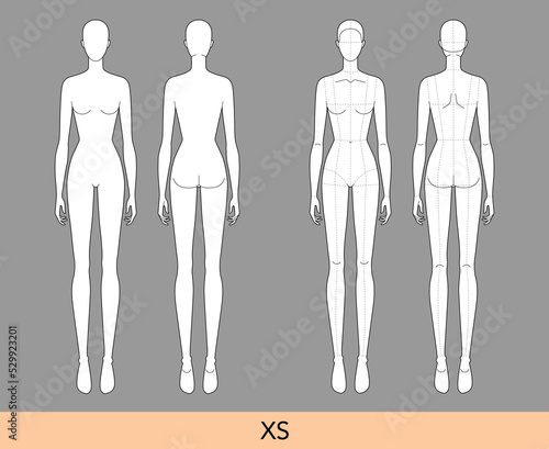 Set of XS size Women Fashion template 9 nine head Croquis Lady model skinny body with and without main lines figure front, back view. Vector outline isolated girl for Illustration, technical drawing