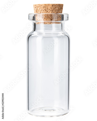 Bottle with cork stopper. Clear, empty, small, mini glass jar bottle with cork stopper or cap for art and craft projects. Close-up macro high quality and resolution photo. Isolated white background.
