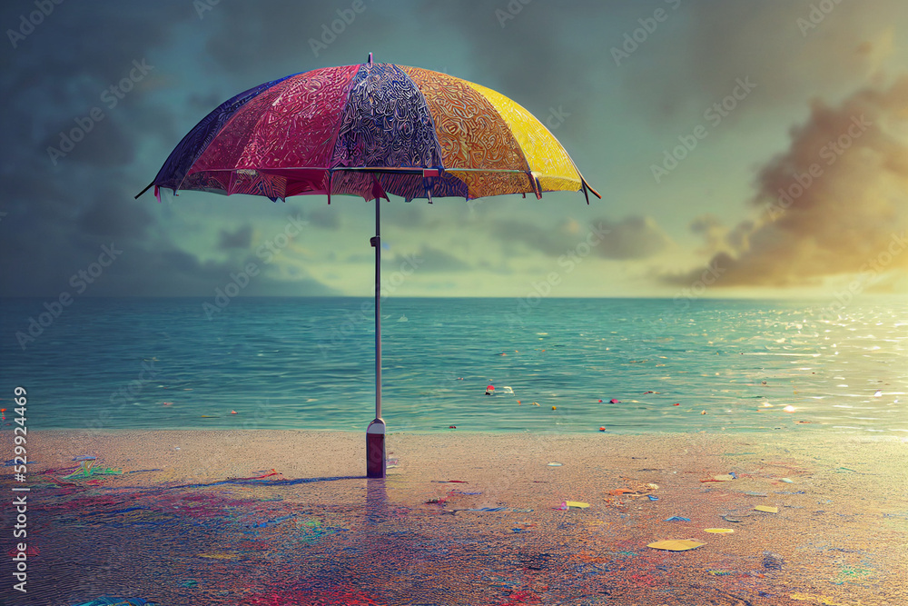 Multicolored umbrella on tropical beach.