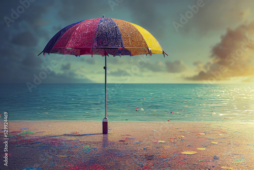 Multicolored umbrella on tropical beach.
