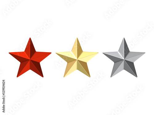 Gold red silver Star symbol icon on transparent background 3D illustration