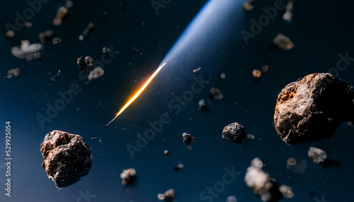 A 3D illustration of asteroids falling to Earth with stars in the background.