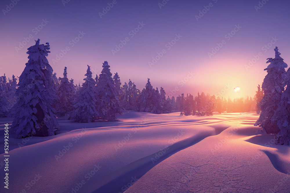 Beautiful winter landscape, snowy sunset