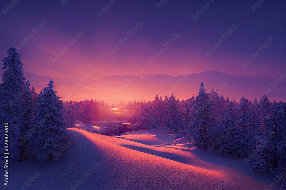 Beautiful winter landscape, snowy sunset