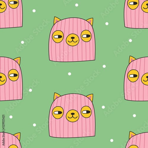 Seamless pattern with cute cat in pink balaclava. Vector illustration