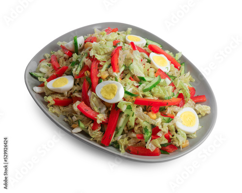 Plate of delicious salad with Chinese cabbage and quail eggs isolated on white © New Africa
