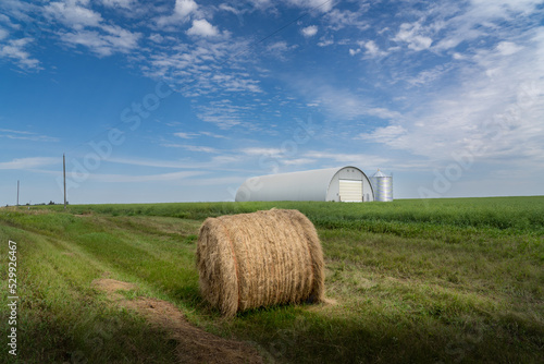 A round hay roll and farmyard quonset for storing farm machinery on the Canadian prairies in Kneehill County Alberta Canada. photo