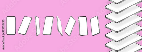 Stylish Mobile Phones mockups on pink background. 3D realistic smartphones from different angles and positions - perspective, isometric, front, top. Modern 3D smartphones mockups. Vector phones set