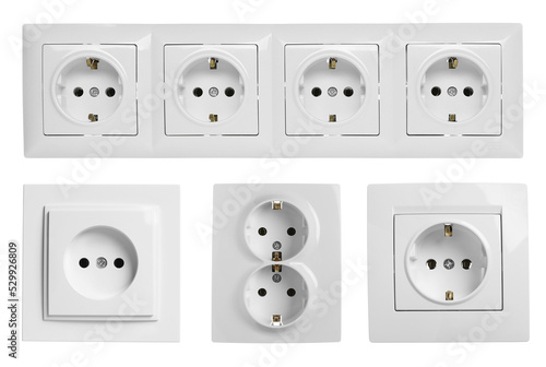 Set with plastic power sockets on white background