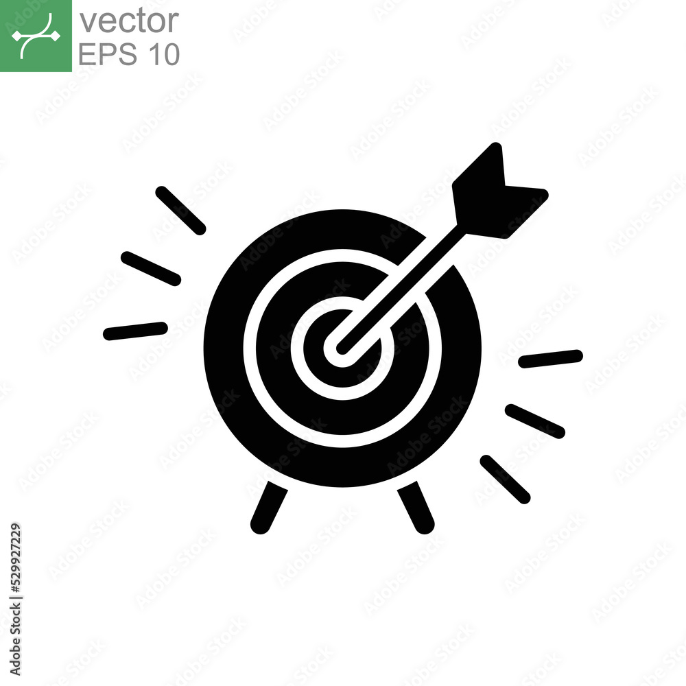Business Concepts Goal planning glyph icon. Arrow stuck right in the middle of dart board, concept of targets, plans and goals. Targeting strategy. Vector illustration Design on white background EPS10 Business Concepts Goal planning glyph icon. Arrow stuck right in the middle of dart board, concept of targets, plans and goals. Targeting strategy. Vector illustration Design on white background EPS10