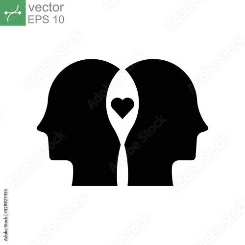 Profiles with mental health glyph icon. Two human avatar and love symbol. Mindfulness, dementia, neurology problem logo pictogram for web mobile. Vector illustration. Design on white background EPS 10