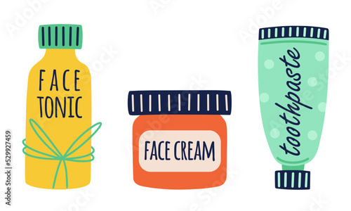 Toothpaste, face cream, tonic vector icons set. Bottles with cosmetics for skin care, moisturizing, brushing teeth. Eco products for a healthy lifestyle. Flat clipart for beauty. Isolated on white