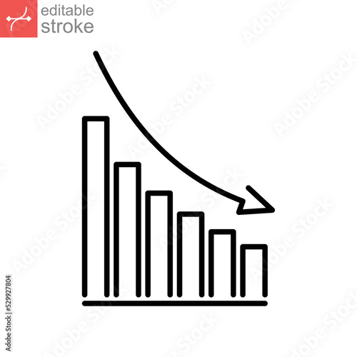 Declining graph line icon. Decrease diagram symbol of bankrupt, Financial Economy investment crisis, low profit sale growth. Editable stroke. Vector illustration. Design on white background. EPS 10