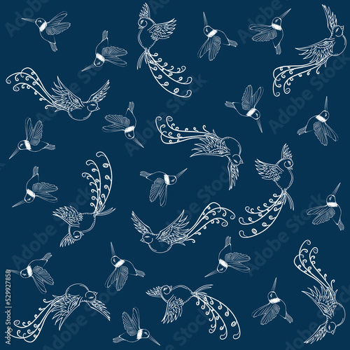 Pattern fabric sparrow and birds indigo background fashion style summer and spring