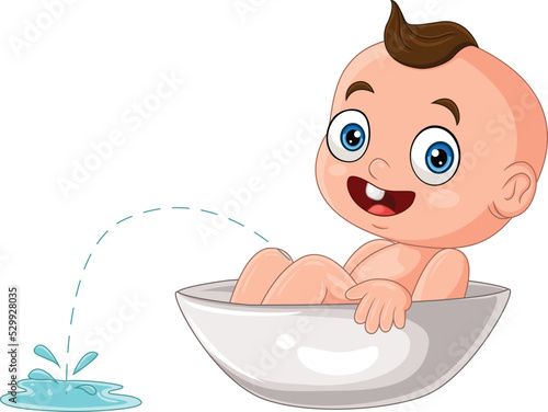 Cute baby boy cartoon peeing in the bathtub