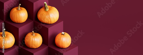 Pumpkins on Burgundy Colored Blocks. Autumn themed Background with copy-space.