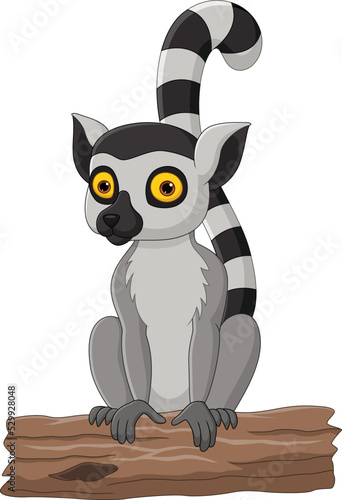 Cartoon cute lemur sitting on tree stump