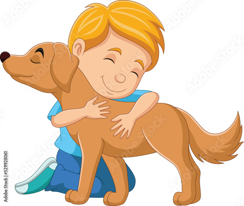 Cartoon boy hugging his dog