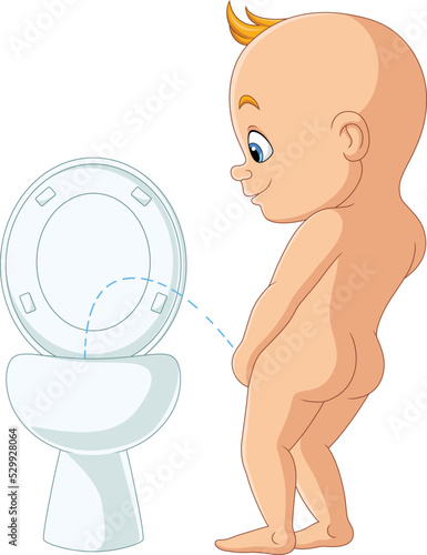Cute baby boy cartoon peeing in the toilet