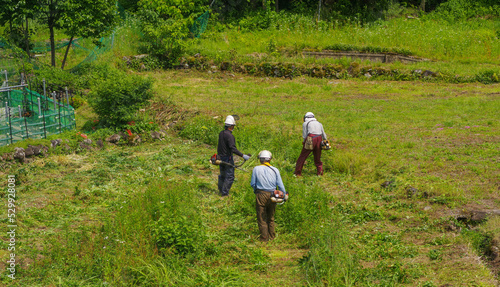 耕作放棄地の草刈りをする老人