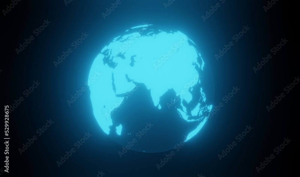 Futuristic Earth Globe hologram. Map of the planet in digital style. World map with tglobal social network. Future concept. Blue futuristic background with planet Earth was created. 3d rendered earth.