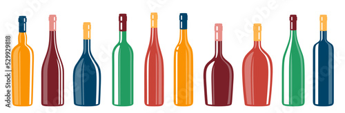 Wine bottle different shapes set. Various types alcohol beverages red, white, sparkling wine champagne liquor. Celebration advertisement blank bottles mockup design for bar, cafe, restaurant vector