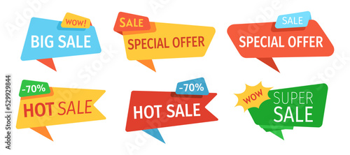 Sale banner tag template set. Advertising offer discount sign banner of sales, promotion background. Super sale, discount mockup collection. Isolated vector illustration
