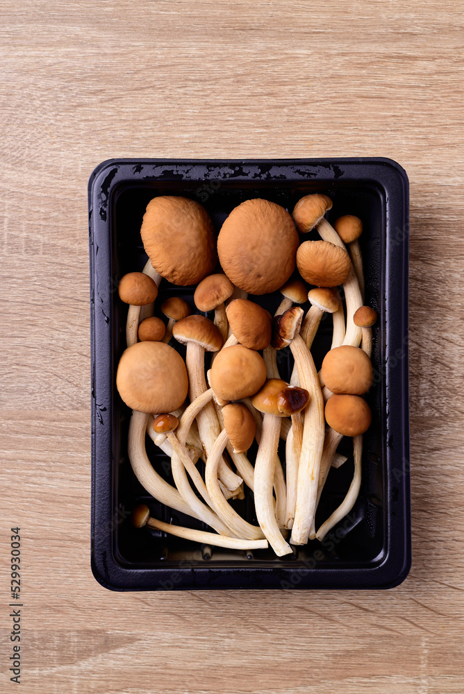 Fresh yanagi matsutake mushroom in package on wooden background Fresh yanagi matsutake mushroom in package on wooden background