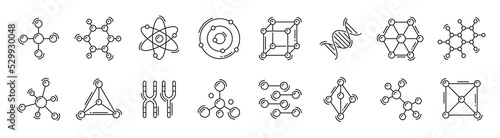 Atom, DNA, chromosome and molecule outline icons, vector molecular science line symbols. Genetic medicine, chemistry and biotechnology icons of X Y genes, genome cells or DNA helix with atom molecule