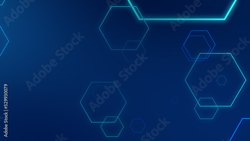 Abstract hexagon geometric blue neon lights technology dark background.