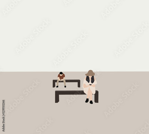 Man and woman with smart phone sitting on chairs in summer city park. Holiday vacation concept.