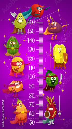 Cartoon fruits knight and superhero personages, kids height chart growth meter. Vector sticker with funny apple and pear, figs and mandarin, starfruit and bergamot, papaya, peach and melon characters
