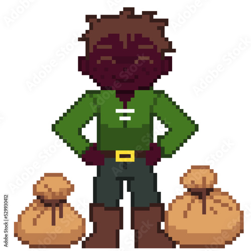 An 8-bit retro-styled pixel-art illustration of a cartoon African-American male merchant with two money bags.